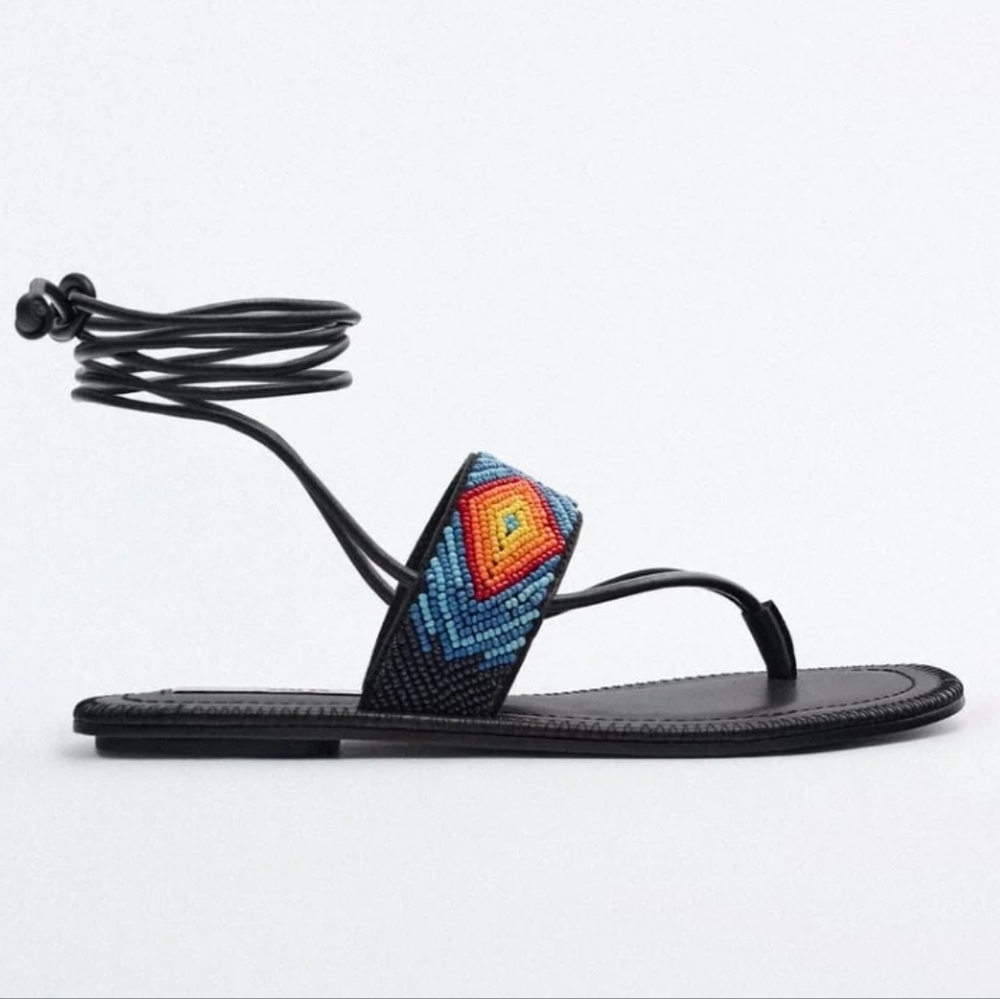 Nwot-Zara Multicolor Beaded Black Leather Ties, Thong Sandals
